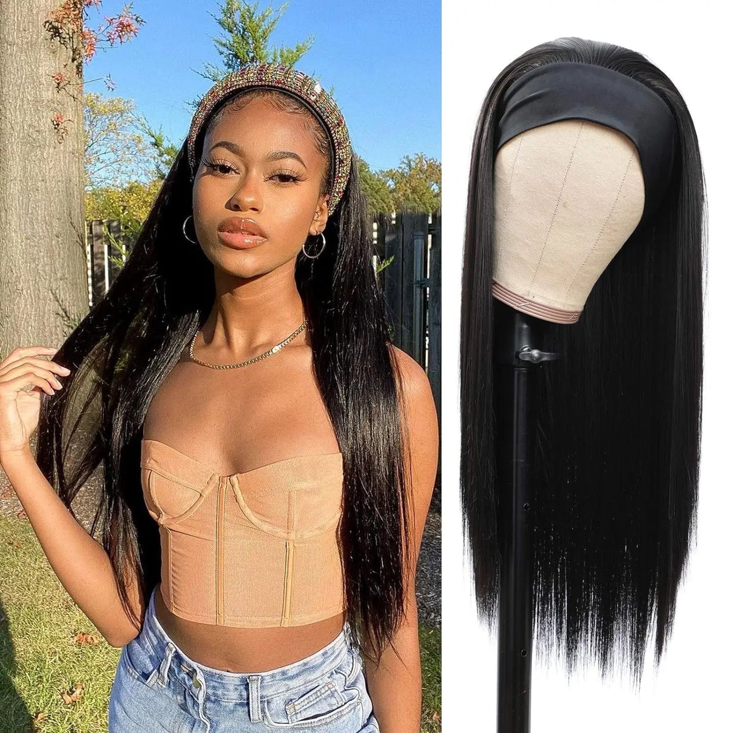 Long Silky Heat Resistant Headband Wig