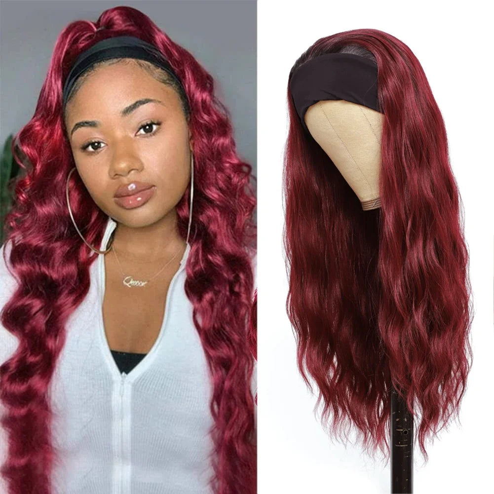 Wine Red Synthetic Headband Wigs